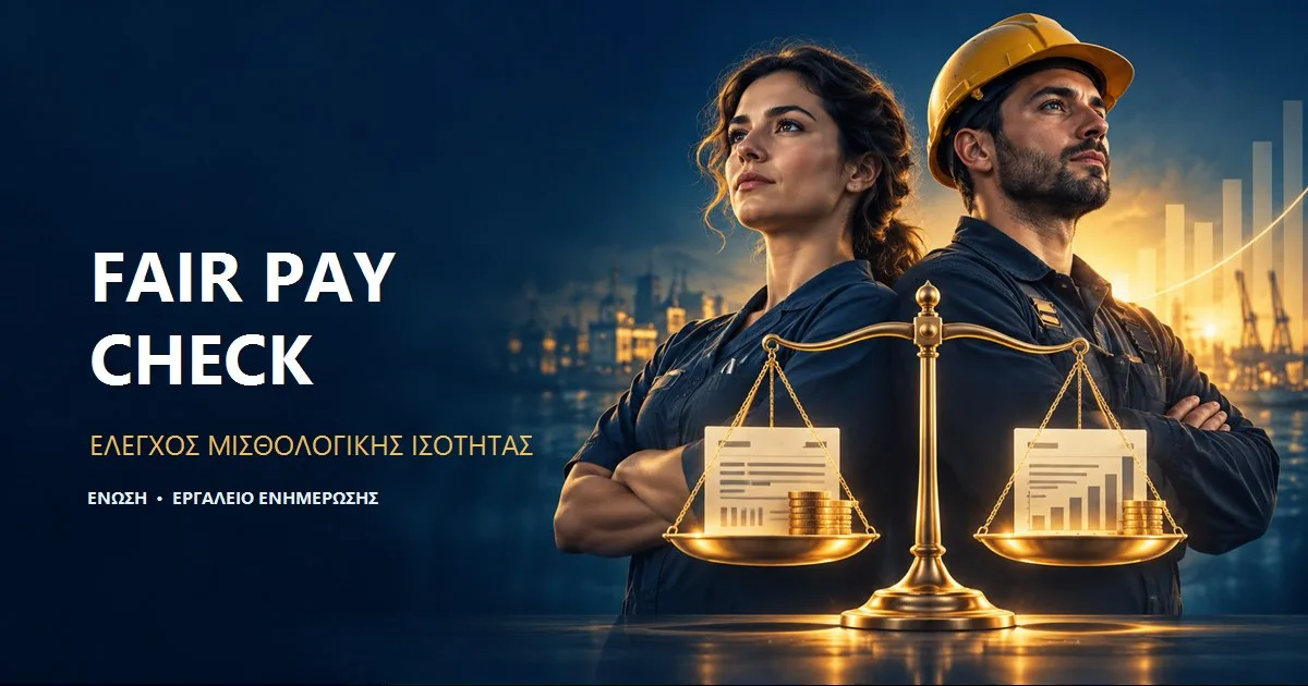 Fair Pay Check — Έλεγχος Μισθολογικής Ισότητας. Εργαζόμενη και εργαζόμενος δίπλα σε ζυγαριά αμοιβών.
